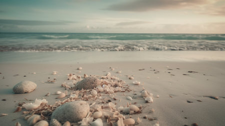 Seashells and pebbles on the beach at sunset.の素材
