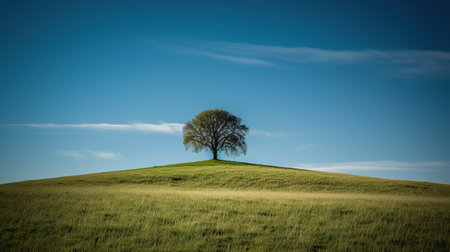 Tree on a hill with a blue sky in the background and copy spaceの素材
