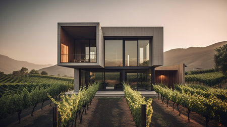 3d rendering of modern cozy house on the hill with vineyard.の素材