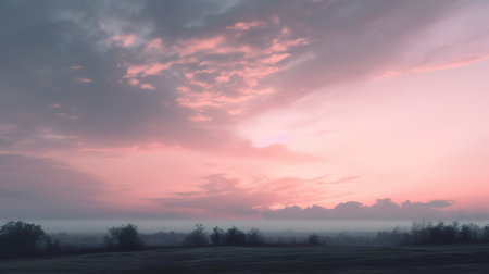Foggy landscape at dawn in the countryside. Colorful sky.の素材