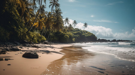 Tropical beach with palm trees and sand in Sri Lanka.の素材