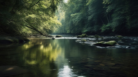Beautiful landscape with a river flowing through the forest, long exposureの素材