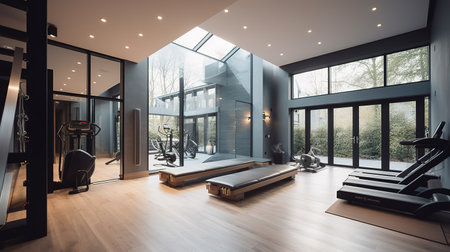 Interior of a modern gym with sport equipment. 3d renderingの素材