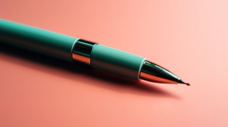 Green ballpoint pen on a red background. Close-up.の素材