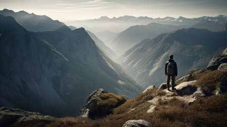 Hiker standing on top of a mountain and looking at the valleyの素材