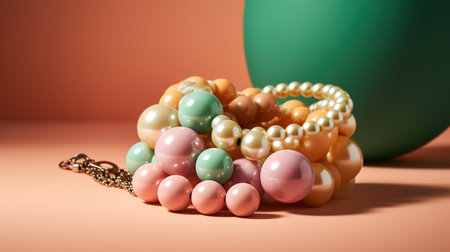 Beads with pearls on orange background. 3d illustrationの素材