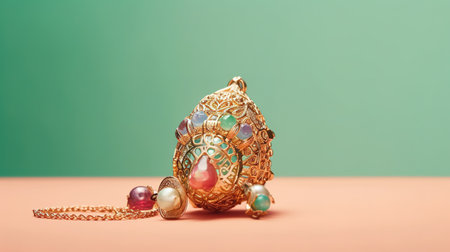 Jewelry made of gold and precious stones on a green backgroundの素材