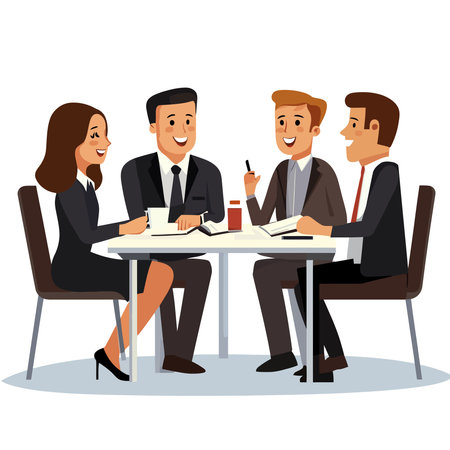 Group of business people sitting at the table and working together. Vector illustration.のイラスト素材