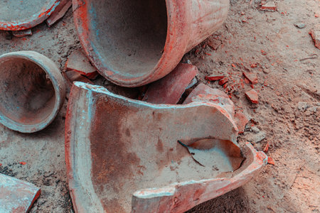 Close up of old broken water pipes on construction site. Industrial backgroundの写真素材