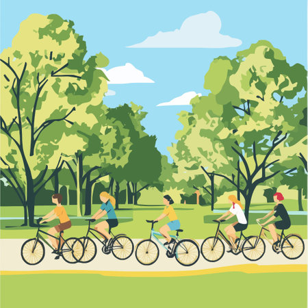 Bicyclists in the park. Flat design vector illustration.