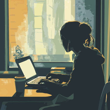 Illustration of a woman working on a laptop in a cafe.のイラスト素材