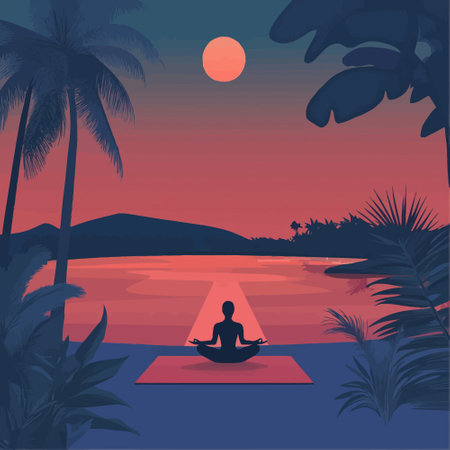 Yoga on the beach at sunset. Vector illustration in flat styleのイラスト素材