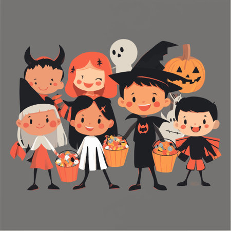 Happy kids in halloween costumes holding candy. Vector illustration.のイラスト素材