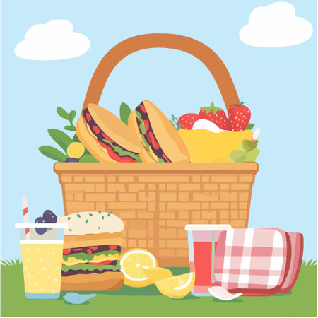 Picnic basket with food and drinks. Vector illustration in flat styleのイラスト素材