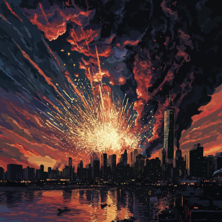 Fireworks in the sky over the city at sunset. Vector illustrationのイラスト素材