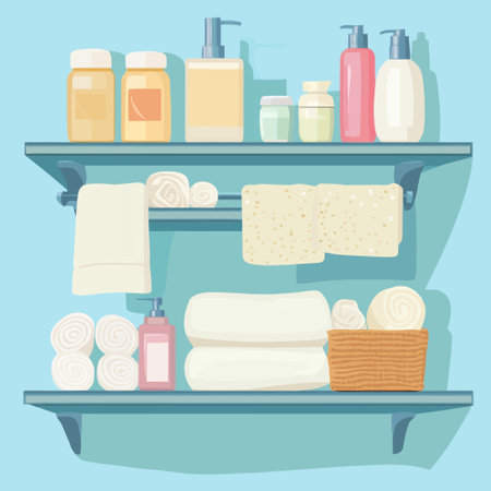Bathroom interior. Bathroom shelf with towels, shampoo, soap, shower gel and other hygiene products. Vector illustrationのイラスト素材