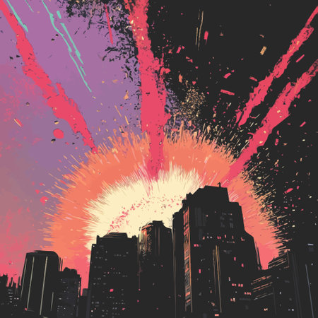 Cityscape with explosion and splashes on grunge background. Vector illustration.のイラスト素材