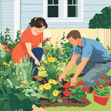Gardening woman and man working in the garden vector illustration.のイラスト素材