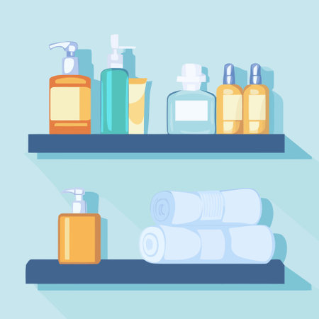 Bathroom shelves with towels and shampoo bottles. Vector illustration.のイラスト素材