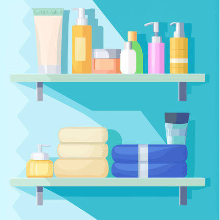 Bathroom shelf with towels and cosmetics. Vector illustration in flat styleのイラスト素材
