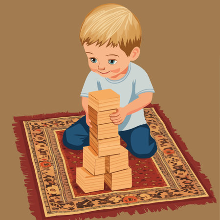 Little boy building a tower of wooden blocks. Vector cartoon illustration.のイラスト素材