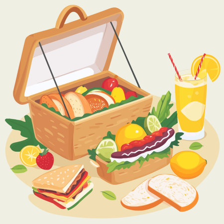 Picnic basket with food and drinks. Vector illustration in cartoon style.のイラスト素材