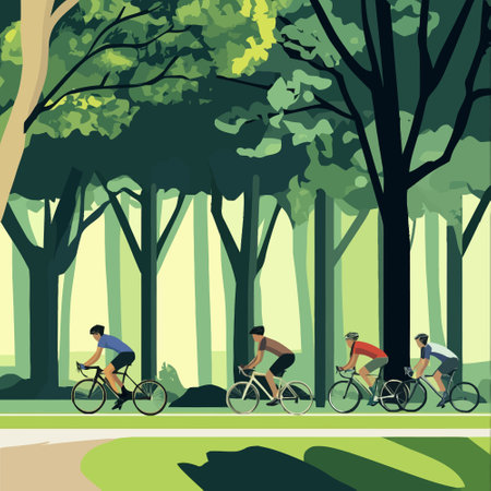 Cyclists in the park. Vector illustration in flat style.のイラスト素材
