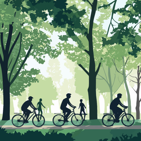 Cyclists in the park. Vector illustration of people riding bicycles.のイラスト素材