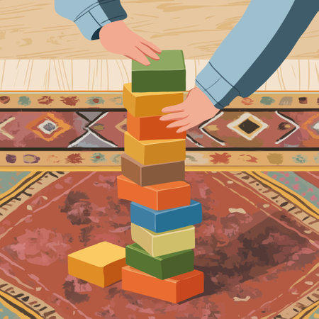 Vector illustration of a man building a tower of colorful books on a carpetのイラスト素材