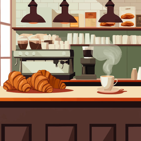 Coffee shop interior with barista, coffee machine and croissants vector illustrationのイラスト素材