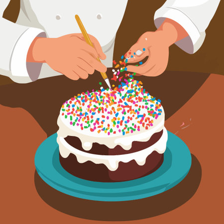 Illustration of a woman's hands decorating a cake with colorful sprinkles