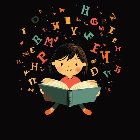 Little girl reading a book with letters flying out of it. Vector illustration.のイラスト素材