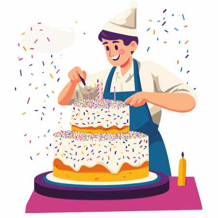 Birthday cake cartoon vector illustration. Man baker in apron and cap decorating cake with confetti.
