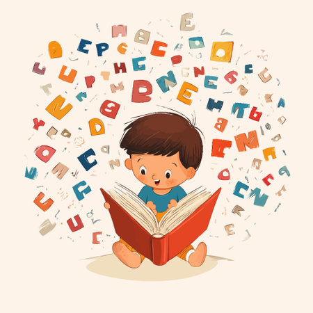 Cute little boy reading a book with letters flying out of itのイラスト素材