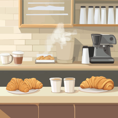 Coffee shop interior with croissants and coffee machine. Vector illustrationのイラスト素材