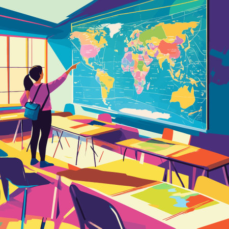 Back to school vector illustration. Girl with backpack and map in classroom.のイラスト素材