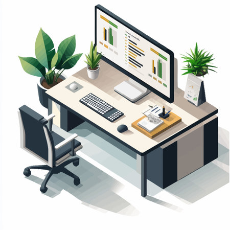 Isometric flat vector illustration of modern office interior. Workplace with computer, table, chair, plant, keyboard and mouse.のイラスト素材
