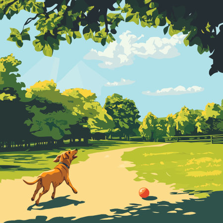 Vector illustration of a dog playing with a ball in the park.のイラスト素材