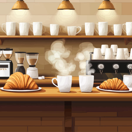 Coffee shop counter with coffee cups and croissants illustrationのイラスト素材