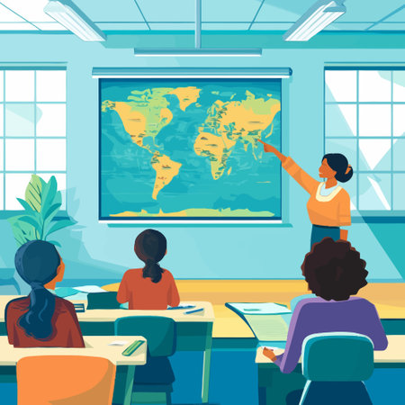 Teacher in classroom with pupils and map of the world. Vector illustrationのイラスト素材