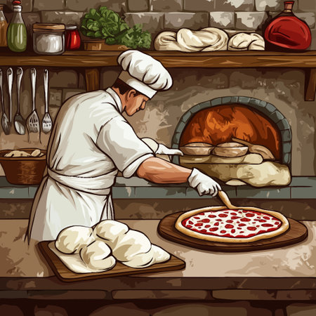 Vector illustration of a chef cooking pizza in a restaurant kitchen with a pizza ovenのイラスト素材