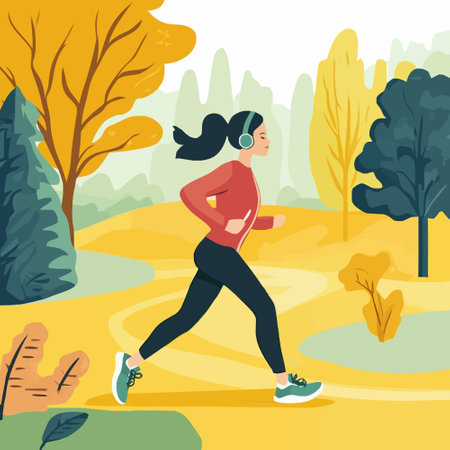 Woman running in autumn park. Vector illustration in flat cartoon style.のイラスト素材