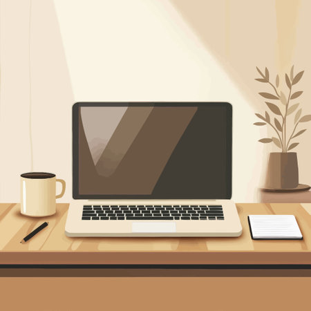 Laptop and coffee cup on wooden table. Workplace. Vector illustrationのイラスト素材