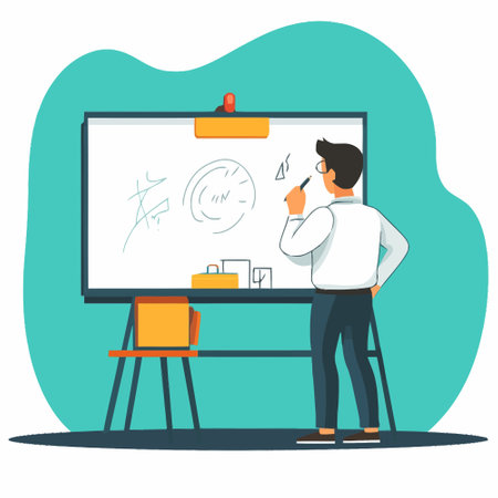 Male teacher writing on blackboard. Vector illustration in flat style.のイラスト素材