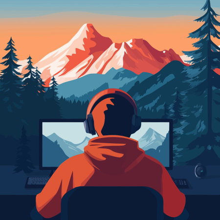 Vector illustration of a man in a red jacket on the background of the mountains with a computer.のイラスト素材