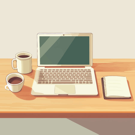 Laptop, coffee and notebook on wooden table. Vector illustration.のイラスト素材