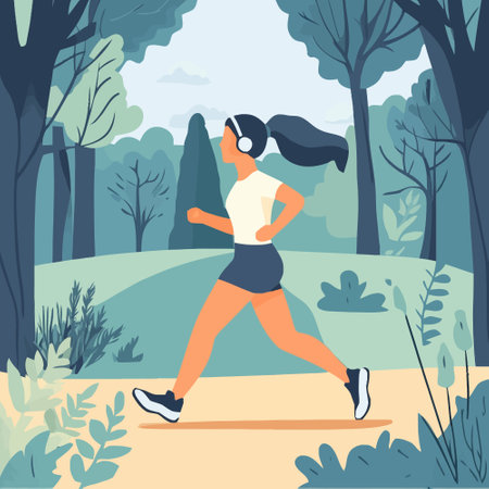 Young woman jogging in the park. Vector illustration in flat styleのイラスト素材