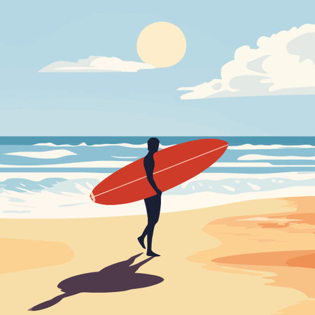Surfer with surfboard on the beach. Vector illustration in flat styleのイラスト素材