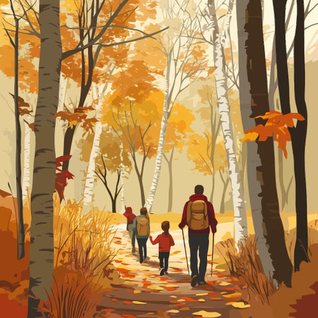 Family walking in autumn forest. Vector illustration in a flat style.のイラスト素材