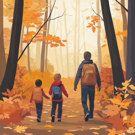 Family walking in autumn forest. Father, mother and son walking in autumn forest.のイラスト素材